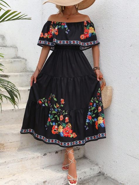 Fiesta Outfits For Women, Gala Night, Embroidery Skirt, Dresses Shein, Fiesta Outfit, Birthday Party Idea, Mexican Dresses, Ruffle Hem Dress, Women Midi