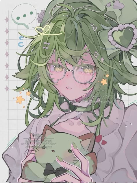 Painterly Anime Style, Women With Green Hair, Cute Green Pfp, Green Hair Drawing, Green Hair Oc, Green Pfp Aesthetic, Plant Oc, Green Oc, Anime Green Hair