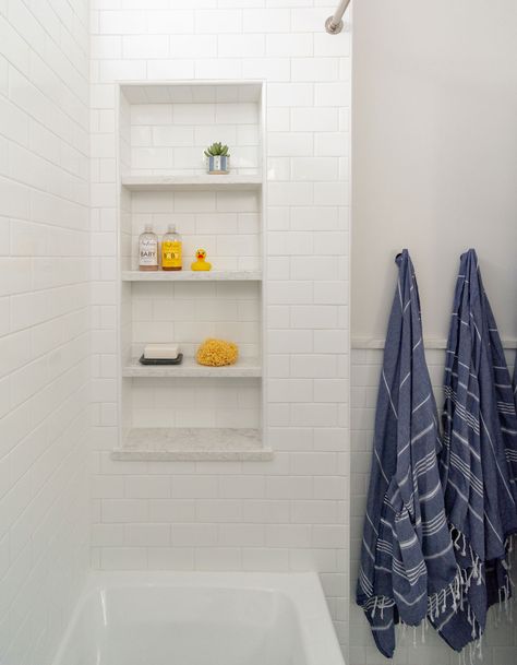 Shelves In Tile Showers, Tub Shower Niche Placement, Shower Tub Niche Ideas, Shower Shelves Built In, Shower With Built In Shelves, Shelf In Shower Wall, Shower Shelf Ideas Built Ins, Shower Built In Shelves, Built In Shower Shelves