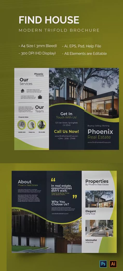 Find House Trifold Brochure Template AI, EPS, PSD House Brochure Design, Real Estate Trifold Brochure Design, Modern Trifold Brochure Design, Real Estate Trifold Brochure, Trifold Design Ideas, Trifold Brochure Design Layout Creative, Event Brochure Design, Bank Brochure, Luxury Brochure Design