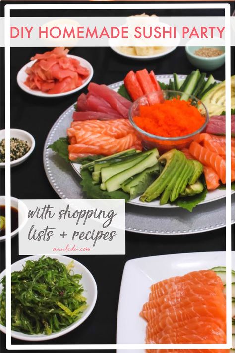 Make Your Own Sushi Rolls, Homemade Sushi Ingredients, Sushi Party Ideas At Home, Make Your Own Sushi Bar, Ingredients For Sushi Rolls, Sushi Roll Ingredients, Sushi Roll Filling Ideas, Sushi Meal Ideas, At Home Sushi Night