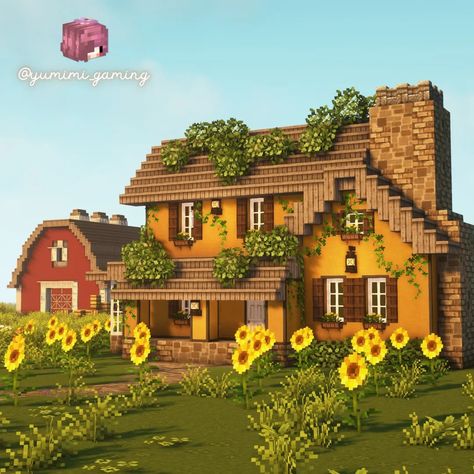 Cozy Yellow Cottagecore Sunflower House with a Barn in the distance built in Minecraft Minecraft Sunflower, Modern Minecraft Houses Interiors, Modern Minecraft Houses Tutorials, Minecraft House Ideas Survival, Minecraft House Survival, Minecraft House Blueprints, Minecraft Houses Tutorials, Minecraft Farm House, Minecraft Castle Blueprints