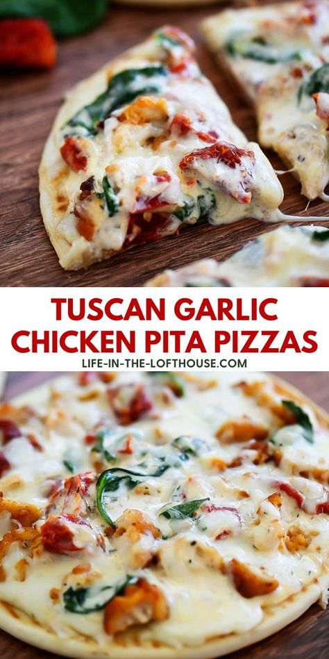 Personal Pizzas, Tomatoes And Cheese, Tuscan Garlic Chicken, Creamy Alfredo Sauce, Pita Pizzas, Chicken Pita, Cheap Meal Ideas, Cheap Meal, Pizza Recipes Homemade