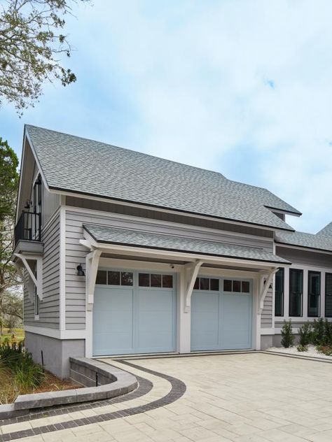 Blue Gray Garage Door, Light Blue Garage Door, Beach House Garage Doors, Blue Garage Door, Coastal Exterior Homes, God Journal, Hgtv House, Garage Door Colors, Coastal Exterior