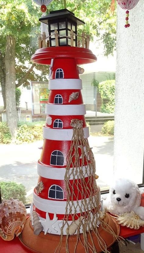 Make a Clay Pot Lighthouse | DIY Lighthouses Make A Lighthouse, Lighthouse Diy, Diy Lighthouse, Clay Pot Lighthouse, Diy Terra Cotta Pots, Plant Pots Crafts, Lighthouse Crafts, Terra Cotta Pot Crafts Diy, Lighthouse Decor