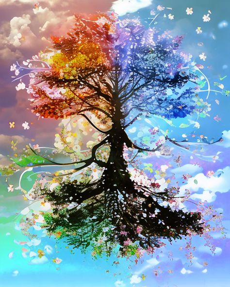 Four Seasons Aesthetic Art, Seasons Changing Art, Art Opposites, Back Tat Ideas, 4 Seasons Art, Four Seasons Tree, Butterfly Goddess, Four Seasons Art, Book Wallpapers