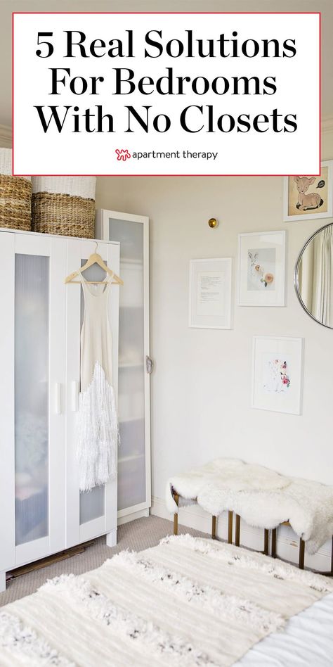 Take inspiration from these five real-life apartments, whose residents found smart ways to store everything with no closet in sight. #storageideas #closetideas #closetstorage #clothesstorage #rentershacks #rentalbedroom #rentaldecor #bedroomhacks #bedroomstorage #storagetips Closets Without Doors Ideas, Small Space Clothing Storage, Closet Alternatives, Small Closet Room, Small Bedroom Wardrobe, Bedroom Wardrobe Ideas, Make A Closet, Closet Small Bedroom, Closet Solutions