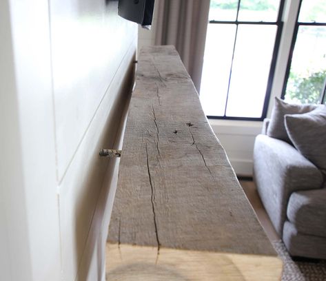 How to Install a Reclaimed Wood Mantel - Plank and Pillow Floating Fireplace Mantle, Mantel Installation, Reclaimed Wood Mantle, Plank And Pillow, Reclaimed Fireplace, Reclaimed Wood Fireplace, Wood Mantle Fireplace, Reclaimed Wood Mantel, Tv Over Fireplace