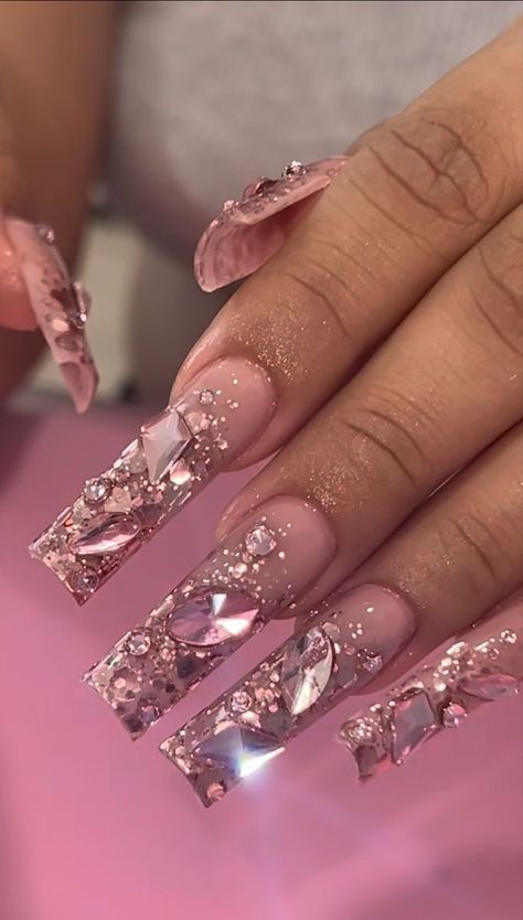 Pink Nails With Pink Rhinestones, Jelly Polygel Nails, Bling Pink Acrylic Nails, Pink Jeweled Nails, Conquete Nails, Spring Baddie Nails, Pink Rhinestone Acrylic Nails, Glam Pink Nails, Birthday Pink Nails