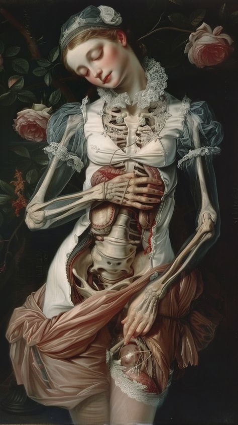 #SurrealAbstractAnatomy #YoungNymph #Ethereal #Dramatic #LaceAndFabric #DreamyOilPainting #EdwardRobertHughes #LuisRicardoFalero #FineArt #TheCandie Edward Robert Hughes Paintings, Women Skeleton Drawing, Body Horror Painting, Halloween Horror Art, Paintings With Dark Meaning, Dark Anatomy Art, Surreal Dark Art, Abstract Anatomy Art, Surreal Horror Art