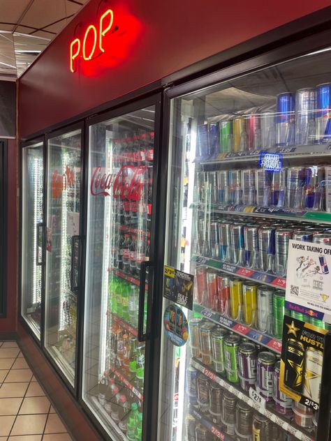 Neon sign, coolers of drinks, road trip inspo pic Gas Station In The Middle Of Nowhere, Road Trip Gas Station, Inside Gas Station, Gas Station Inside, Neon Gas Station, 7 Eleven Gas Station, Aesthetic Gas Station, Neon City Aesthetic, Gas Station Pictures