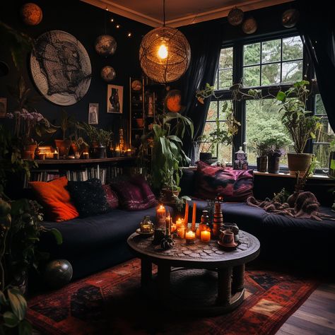 Jungle Goth Decor, Goth Lounge Room, Cottagegoth Living Room, Whimsy Goth Interior, Dark Fairy Home Aesthetic, Gothic Bohemian Living Room, Cottage Goth Living Room, Black Maximalist Living Room, Vintage Gothic Living Room