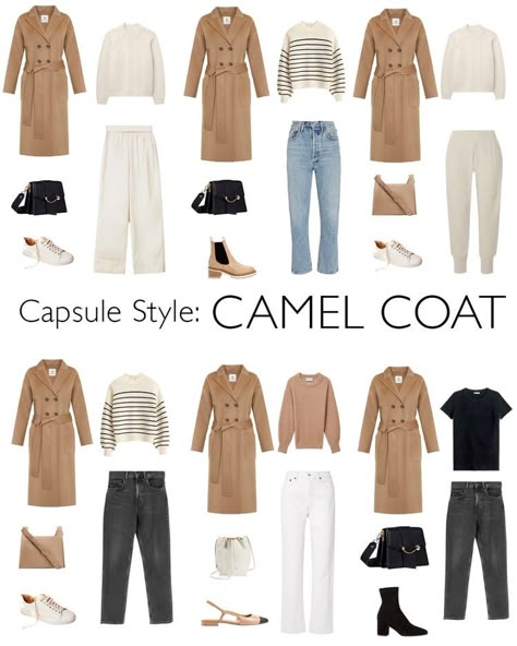 Chic Travel Capsule Wardrobe, Camel Coat Spring Outfit, Capsule Style Outfit, Fall Coats For Women 2022, Capsule Wardrobe Trench Coat, Fall Outfit With Trench Coat, Parisian Fall Outfits Casual, Classic Outfit Ideas For Women, Capsule Wardrobe Blazer