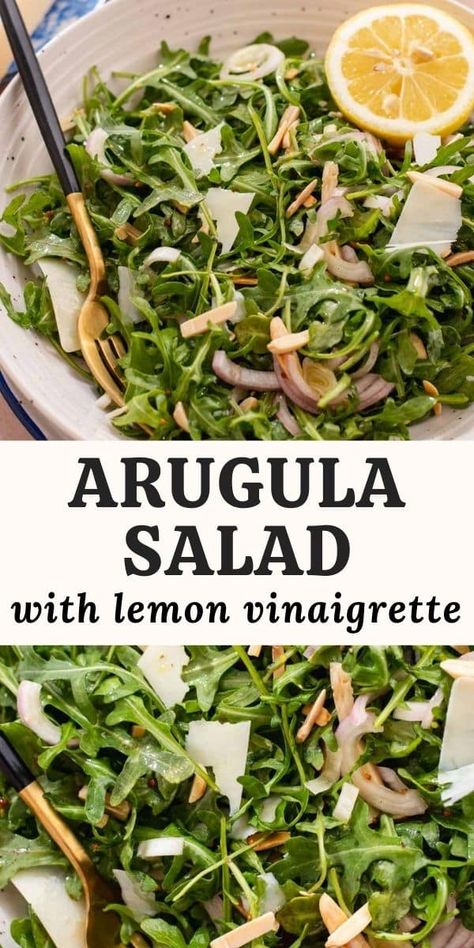 This vibrant and simple arugula salad is served with a zesty lemon vinaigrette, fresh Parmesan, and toasted almonds. It's the perfect side salad to serve with dinner and it comes together in less than 15 minutes! Salad Arugula Recipes, Arugula Salad With Lemon Vinaigrette, Arugula Recipes Salad, Arugula Sauteed, Balsamic Salad Recipes, Easy Arugula Salad, Pesto Orzo Salad, Simple Arugula Salad, Salad Parmesan