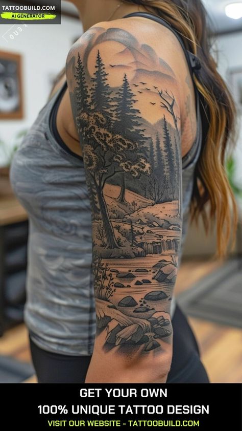 Woodland Sleeve Tattoo For Women, Fall Nature Tattoo, Nature Scene Tattoo For Women, Tree Sleeve Tattoo Women, Forrest Tattoo Designs Women, Mountain Sleeve Tattoo Women, Half Sleeve Tattoo Mandala, Nature Sleeve Tattoo Women, Ladies Sleeve Tattoo Ideas