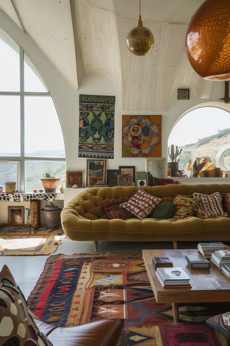 Desert Aesthetic Living Room, Maximalist Decor Apartments, Retro Eclectic Decor, Apartment Ideas Bloxburg, Living Room Maximalist, 70s Inspired Living Room, Maximalist Decor Eclectic, Cloffice Ideas, 70s Living Room