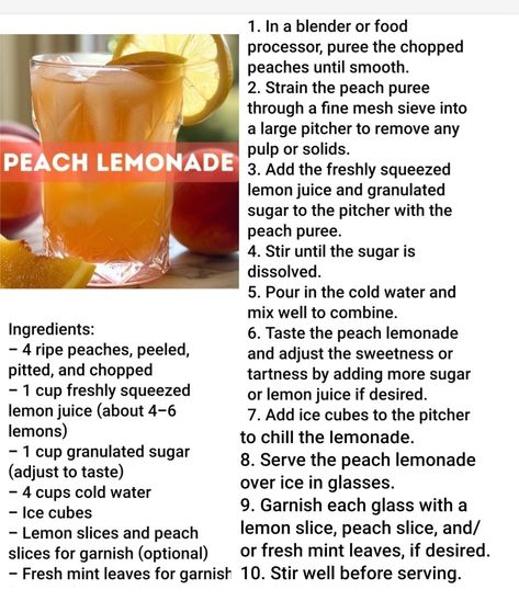 Peach lemonade Peach Mango Lemonade, Mango Lemonade, Peach Lemonade, Peach Puree, Peach Mango, How To Squeeze Lemons, Lemonade, Food Processor Recipes, Mango