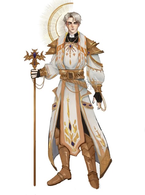 Fantasy cleric character design concept art Order Cleric Dnd, Sun Cleric Dnd, Cleric Poses Reference, Fantasy Robes Concept Art, Cleric Clothing, Cleric Of Lathander, Religious Character Design, Prophet Character Design, D&d Cleric Art