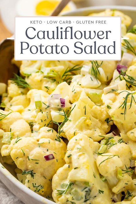 This cauliflower potato salad is a low carb and keto twist on classic potato salad. With tons of flavor, cauliflower steps in for potatoes in this delicious side dish, making it perfect for potlucks, BBQs, or anytime you need a creamy, refreshing side! Bright but creamy, we took our very favorite potato salad and simply canceled the carbs! Low Carb Cauliflower Potato Salad, Low Carb Grilling Sides, Keto Bbq Salad, Keto Cauliflower Salad Recipes, Low Carb Potato Salad, Keto Potato Salad, Cauliflower Potato Salad, Low Carb Side Dish Recipes, Cauliflower Salad Recipe