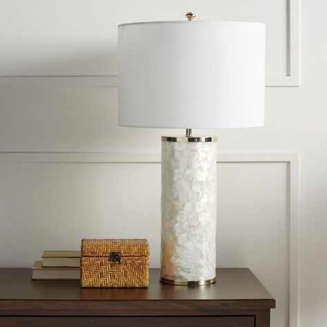 Wish List: View | Frontgate Luxury Table Lamps, Capiz Shell, Shell Design, White Table Lamp, Desk Lamps, Dimmer Switch, Incandescent Bulbs, Drum Shade, Brass Metal