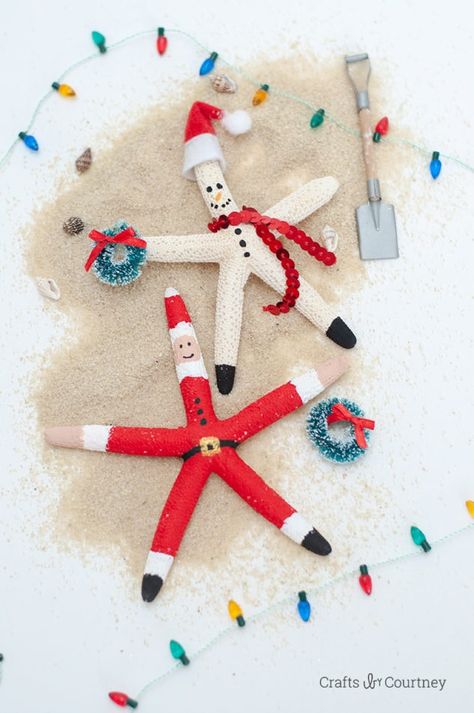 Crafts Middle School, Christmas In July Crafts, Christmas Starfish, Starfish Craft, Snowman Diy, Creative Christmas Crafts, Starfish Art, Seashell Christmas Ornaments, Beach Christmas Decorations