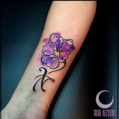 Kids Birth Flower Tattoo, Violet Tattoos, Violet Flower Tattoo, Watercolor Flower Tattoo, Violet Flower Tattoos, Flower Tats, Violet Tattoo, Violet Watercolor, Flower Bouquet Tattoo