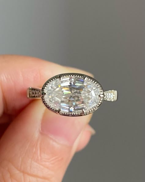 East To West Oval Step Cut Moissanite Bezel Set Engagement Ring Anniversary Gift Moissanite Engagement Ring Vintage, Bezel Set Engagement Ring, Oval Moissanite Engagement Ring, Engagement Ring Art Deco, Oval Engagement Ring, Moissanite Engagement Ring Oval, Bezel Set Ring, Ring Bezel, Cvd Diamond