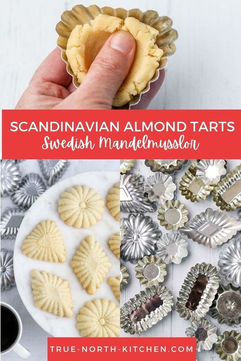 Thumb pressing dough into tart pan; Scandinavian Almond Tarts on a marble surface; small Scandinavian tart pans on a white surface. Swedish Almond Cookies, Norwegian Sandbakkels, Sandbakkels Recipe, Rosettes Cookie Recipe, Scandinavian Dishes, Almond Tarts, Tart Cookies, Norwegian Recipes, Almond Tart