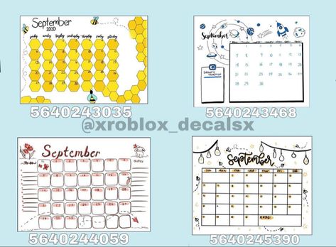 @xroblox_decalsx on Instagram September Decals Bloxburg, Bloxburg Calendar Decal Codes September, September Calendar Decals Bloxburg, Roblox Decal Codes Calendar, Bloxburg White Board Decals Codes, Bloxburg Picture Codes Kitchen, Bloxburg Calendar Decals, Daycare Decals, Club Roblox Image Id Codes