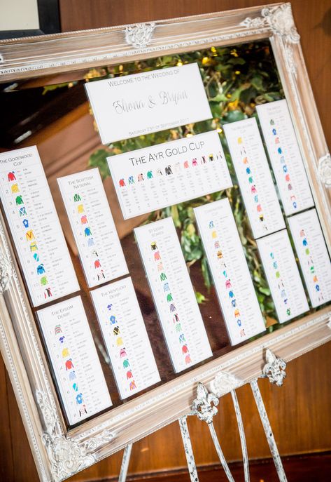 Race card table plan for a horse racing themed wedding! (This was my own table plan & it went down very well with the guests!) xx Horse Racing Wedding Ideas, Horse Racing Decorations, Horse Wedding Theme, Rugby Wedding, Wedding Seating Arrangements, Racing Wedding, Equestrian Interior, Wedding Table Layouts, Seating Arrangement Wedding