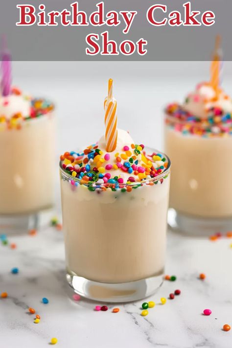 The Birthday Cake Shot is a fun and festive drink that perfectly captures the sweet, indulgent flavors of a classic birthday cake. Combining cake-flavored vodka, crème de cacao, and Irish cream, this shot is a delightful treat that brings the party spirit to any celebration. Birthday Cake Shots Alcohol, Birthday Cake Cocktail Recipes, Cake Batter Shots, 21st Bday Cocktails, 50th Birthday Shots, Fun 21st Birthday Drinks, Fun Birthday Cake Ideas For Adults, 30th Birthday Dessert Ideas, Birthday Party Treats For Adults