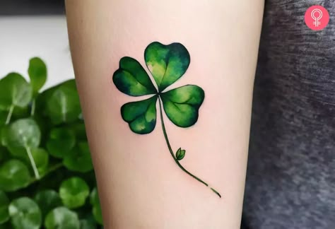 Green 4 Leaf Clover Tattoo, St Pattys Tattoo, Four Leaf Clover Tattoo Traditional, Four Leaf Clover Tattoo Design, 4 Leaf Clover Tattoo For Women, Five Leaf Clover Tattoo, Irish Flower Tattoo, Irish Tattoos For Women, Small Irish Tattoos