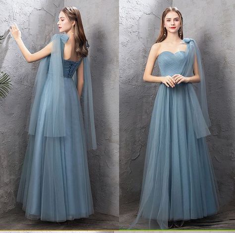 Tulle Dress Dusty Blue, Bridesmaid Gown Tulle, Dusty Blue Gowns Elegant, Dusty Blue Maid Of Honor Dress, Long Gown Wedding Guest, Dusty Blue Dress Formal, Dusty Blue Bridesmaid Dresses Long, Flower Girl Dusty Blue, Tulle Gown Bridesmaid