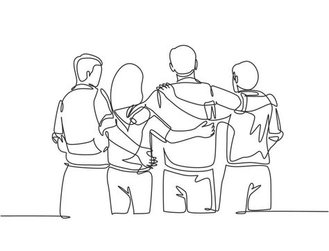 Single continuous line drawing about group of men and woman from multi ethnic standing and hugging together to show their unity bonding. Friendship concept one line draw design vector illustration Unity Drawing, Portrait Illustrator, Hugging Drawing, Dancing Drawings, Friends Illustration, Draw People, Human Figure Drawing, Family Drawing, Family Photo Pose