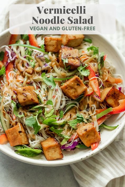 This Vermicelli Noodle Salad is a fun and refreshing bowl of tofu, fresh vegetables and herbs mixed with a delicious and easy peanut sauce. Easy to make, uses simple ingredients and comes together in just 30 minutes. Tofu Peanut Salad, Spring Noodle Salad, Vegan Vermicelli Bowl, Vermicelli Tofu Recipes, Peanut Vermicelli Noodles, Peanut Sauce Tofu Bowl, Tofu Vermicelli Bowl, Shrimp Vermicelli Bowl, Vermacheli Noodle Bowl