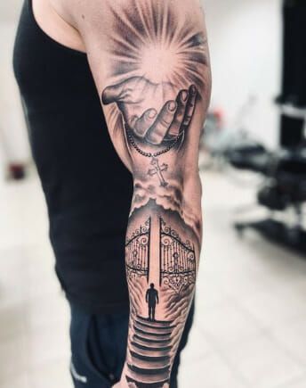 Stairway to Happy Home Heaven Tattoo Heaven Hand Tattoo, Heaven Sleeve Tattoo, Gate Of Heaven Tattoo, Stairway Tattoo Design, Walking Into Heaven Tattoo, Path To Heaven Tattoo, Kingdom Of Heaven Tattoo, Road Less Traveled Tattoo, Grave Yard Tattoos Designs