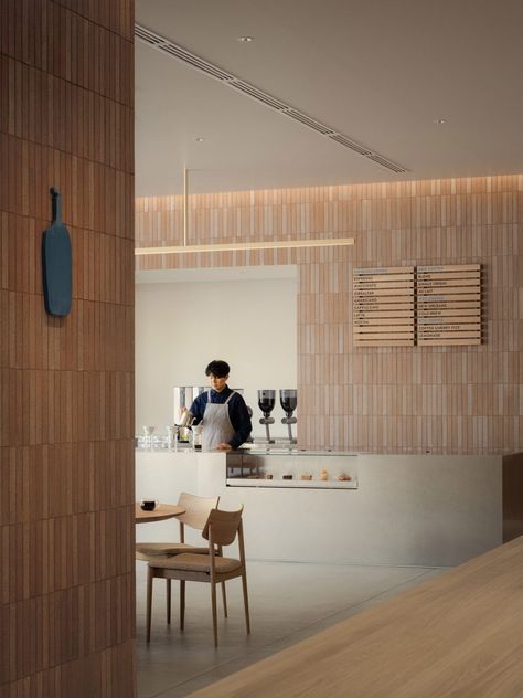 Locally produced tiles clad walls and table in Blue Bottle Coffee shop Parisian Style Interior, Keiji Ashizawa, Tile For Wall, Aesthetic Furniture, Wall Lamp Shades, Blue Bottle Coffee, Hotel Floor, Cafe Shop Design, Coffee Shops Interior