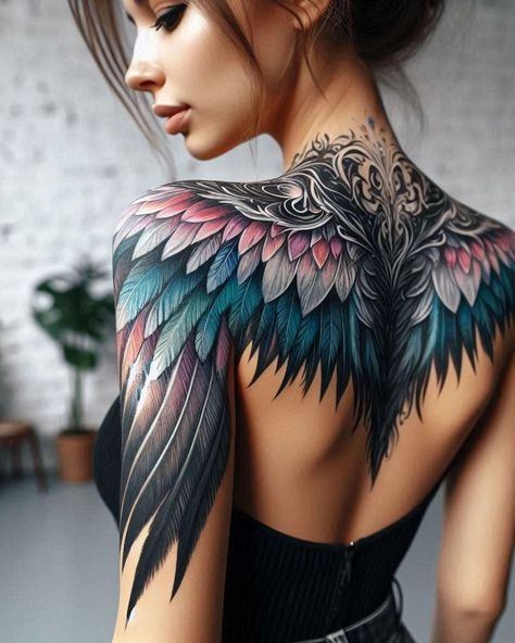 Wing Tattoo Shoulder Women, Wings On Shoulder Tattoo, Back Cover Tattoo Women, Unicorn Sleeve Tattoo, Back Feather Tattoo Women, Shoulder To Shoulder Tattoo Back, Angel Wings Back Tattoo Women, Angel Wing Back Tattoo Women, Shoulder Feather Tattoo