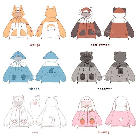 Anime Hoodie Outfit Drawing, Hoodie Design Reference, Chibi Hoodie Reference, Animal Hoodie Drawing, Cute Hoodie Drawing, Cute Animal Hoodies, Character Hoodie Design, Hoodie Design Ideas Drawing, Cute Clothes Design Drawing