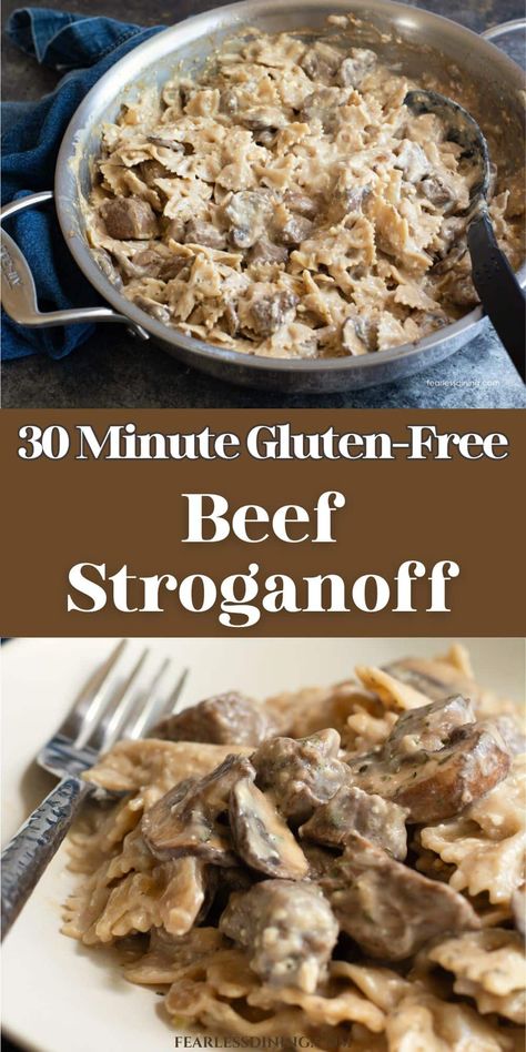 Get ready for the best in comfort food. Mouthwatering chunks of beef cooked in a flavorful sauce and served over gluten free egg noodles. If you have missed stroganoff, wait until you try this homemade gluten-free beef stroganoff recipe! It can be made in under 30 minutes with steak, stew meat, or ground beef. It is a budget friendly recipe and makes ab incredible family dinner recipe. Beef With Coconut Milk, Stroganoff Recipe Gluten Free, Gluten Free Beef And Noodles, Ground Beef Crockpot Recipes Gluten Free, Quick And Easy Gluten Free Dinner Recipes, Beef Stew Meat Stroganoff, Gf Beef Stroganoff, Gluten Free Ground Beef Stroganoff, Gluten Free Recipes For Dinner Beef