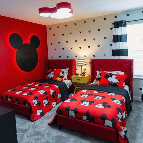 Interior Design | Kids Decor on Instagram: “All about Mickey Mouse!!❤️🖤 Credit to @angelaherreradesign” Mickey Mouse Bedroom Decor, Mickey Mouse Room Decor, Minnie Mouse Room Decor, Mickey Mouse Bedding, Minnie Mouse Bedroom, Mickey Mouse Room, Mickey Mouse Bedroom, Deco Disney, Casa Disney