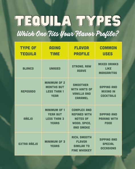 Don't know your Blanco from your Anejo? No worries, we've got you covered! Check out our handy comparison chart of tequila types on our website to help you make the perfect selection for your taste buds. ⁠ ⁠ With BottleRover, you can have confidence in your tequila choice and enjoy the festivities to the fullest. Order now and let the fiesta get started! 🎉🍹 ⁠ ⁠ #BottleRover #TequilaVarieties #ComparisonChart #5DeMayo #CelebrateInStyle Different Types Of Tequila, Types Of Tequila, Alcohol Types, Basic Bar Drinks, Bartender Knowledge, Opening A Bar, Tequila Types, Bartending Basics, Best Tequila Brands