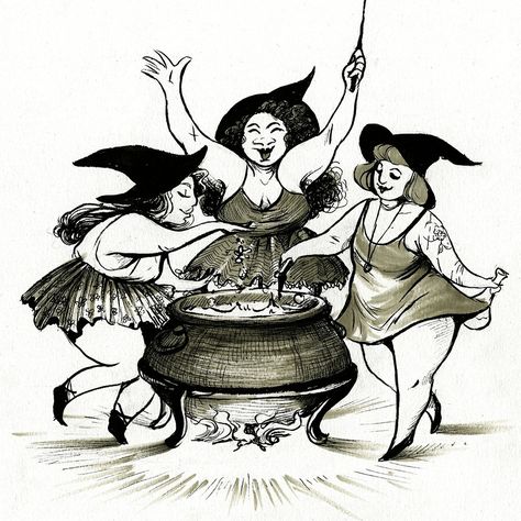 Three lovely witches around a cauldron. Fat Witch, Drawing Stars, Three Witches, Witch Coven, Plus Size Art, Fat Art, Which Witch, Witchy Art, Three Women