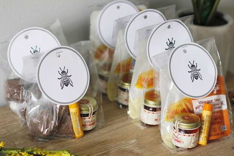 Queen Gramercy Turns ONE!  | CatchMyParty.com Bee Birthday Favors, Queen Bee Party Theme, Bee Themed Party Favors, Queen Bee Birthday Party Ideas, Bee Birthday Party Favors, Honeycomb Dessert, Queen Bee Birthday Party, Bee Birthday Party Ideas, Honeycomb Backdrop