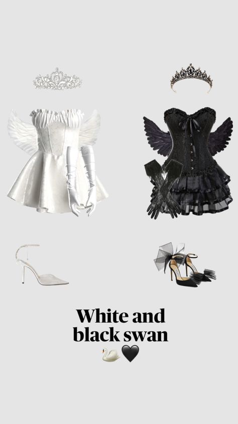 Halloween costume ideas🫶🏻 #outfitinspo #halloween Black Swan Costume Halloween, White And Black Swan, Halloween Duo Costume, Black And White Swan, Fun Halloween Outfits, Black Dress Halloween Costume, Cleopatra Halloween Costume, Swan Costume, Halloween Duo