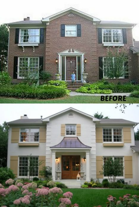 20 Home Exterior Makeover Before and After Ideas - Home Stories A to Z Painted Brick Exteriors, Colonial House Exteriors, Painted Brick House, House Makeovers, Home Exterior Makeover, Exterior Renovation, Casas Coloniales, Brick Exterior, Home Makeovers