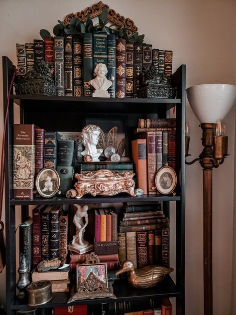 #bookish #darkacademia #darkcottagecore #bookshelf #darkacademiadecor #victorian #vintage Bookshelf Styling Vintage, Library Bedroom Aesthetic, Dark Bookshelf Styling, Dark Victorian Living Room, Academia Bookshelf, Dark Academia Bookshelf, Dark Academia Room Ideas, Cozy Reading Chair, Bookshelf Aesthetic