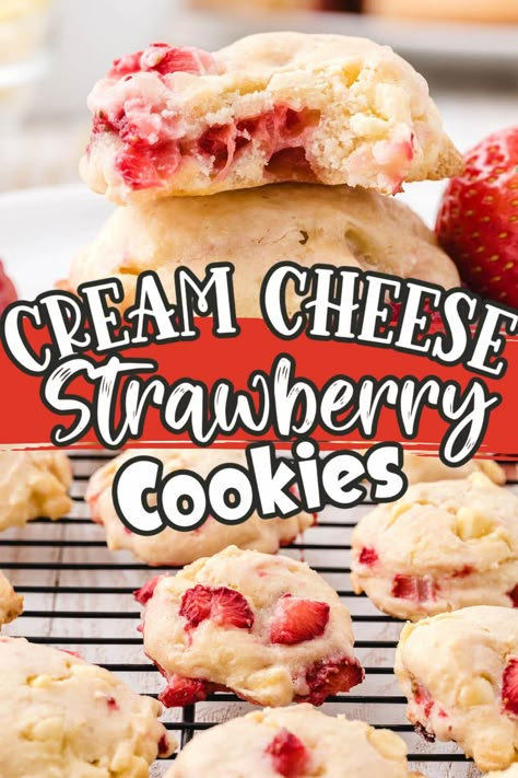 Strawberry Cream Cheese Cookies Strawberry Cream Cheese Cookies, Cheese Cookies Recipe, Strawberry Shortcake Cookies, Lemon Cookies Recipes, White Chocolate Strawberries, Peanut Butter No Bake, Soft Cookies, White Chocolate Cookies, White Chocolate Chip Cookies