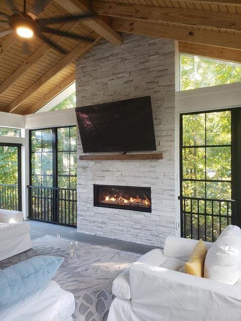 3 Season Porch Fireplace, Backyard Closed Patio Ideas, Screened In Porch Fireplace Ideas, Modern Screened In Porch With Fireplace, Back Deck With Fireplace, 4 Seasons Room With Fireplace, Screened In Porch With Fireplace And Tv, Screened In Patio With Fireplace, Screened In Deck With Fireplace