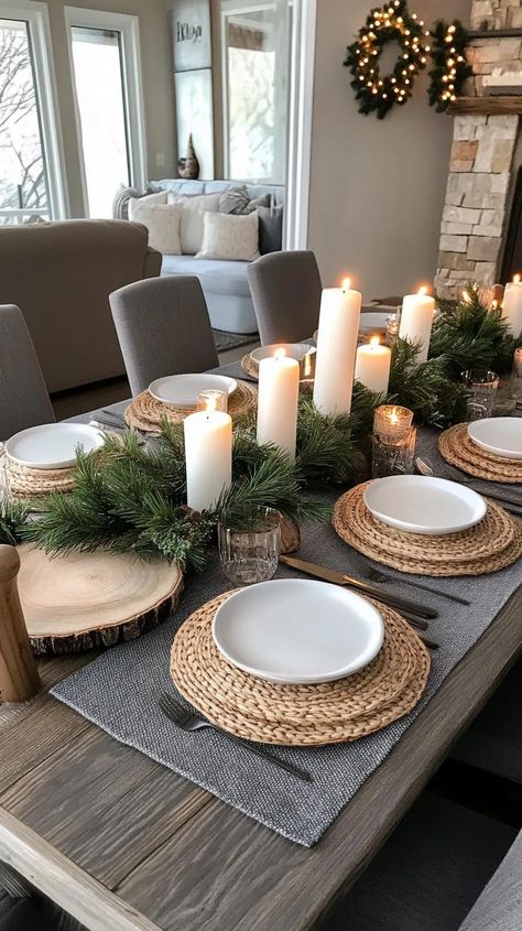 20 Elegant Christmas Dining Table Decor Ideas You Must See 19 Rectangle Christmas Table Decor, Rectangle Dining Room Table Decor, Christmas Simple Table Decor, Christmas Dining Centerpiece, Christmas Dinning Room Table Ideas, Long Dining Table Centerpiece, Dining Table Set Up, Dining Room Tablescapes, Holiday Dining Room Table Decor